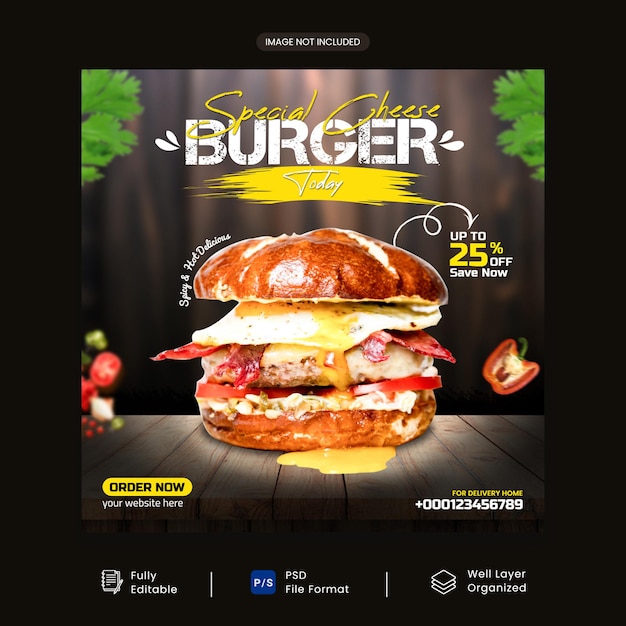 Köstliches food-burger-social-media-post-design mit mehrzwecknutzung