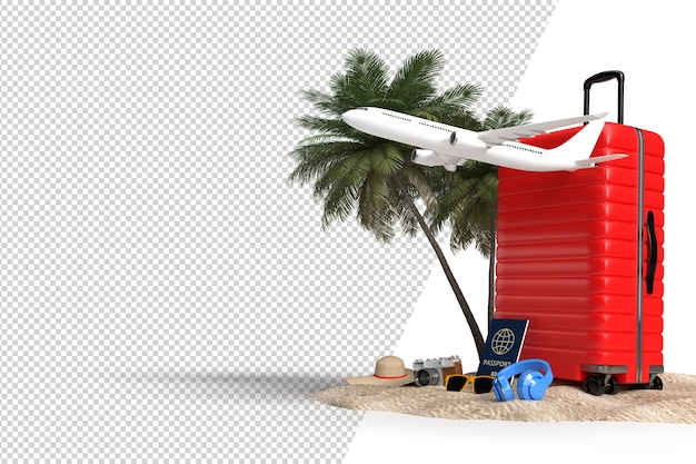 Koffer mit Flugzeug- und Reisezubehör, unverzichtbaren Urlaubsartikeln. Abenteuer- und Reiseurlaubsreise. Reisen Konzept Design Banner Mockup Vorlage. 3D-Rendering