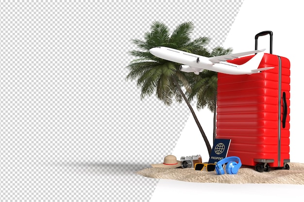 Koffer mit flugzeug- und reisezubehör, unverzichtbaren urlaubsartikeln. abenteuer- und reiseurlaubsreise. reisen konzept design banner mockup vorlage. 3d-rendering