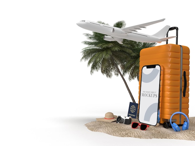 Koffer mit Reisezubehör, wichtige Urlaubsartikel mit Smartphone-Mockup