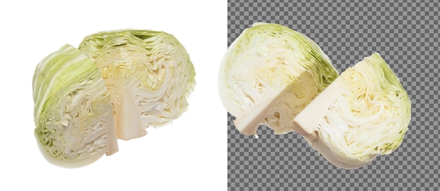 Kohl fliegt in der Luft grünes frisches Gemüse Kohl geschnitten halben Viertel Kopf Bio-frisches Gemüt mit gegessenem Kohlblatt fällt aus der Nähe Textur Weißer Hintergrund isolierte Gefrierbewegung