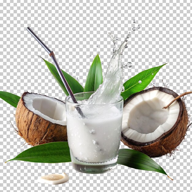 Kokosnussflocken mit einem glas kokosmilch auf durchsichtigem hintergrund