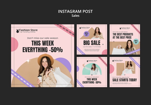 Kollektion von Instagram-Posts für den Verkauf von Damenmode