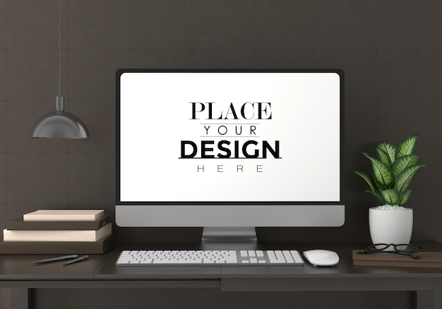 Komputer di atas meja di ruang kerja MOCKUP PSD