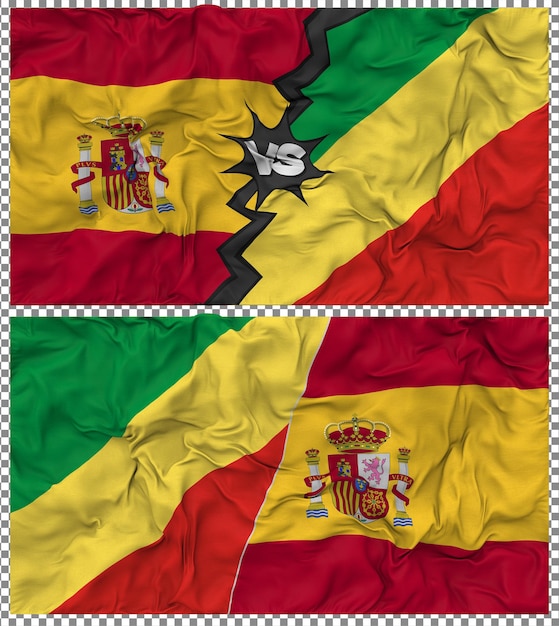 Kongo gegen Spanien Halbkombinierte Flagge Stoff-Bump-Textur 3D-Rendering