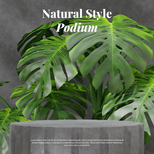 Konkrete Textur Podium im Quadrat mit Monstera Deliciosa Pflanze 3D-Bild Rendervorlage Mockup