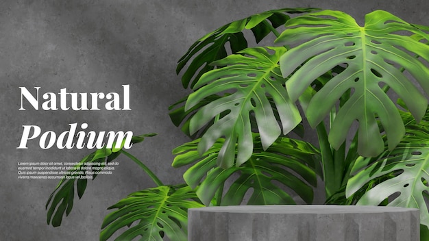 Konkrete Textur Podium in Landschaft mit Monstera Deliciosa Pflanze 3D-Bild Rendervorlage Mockup