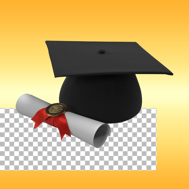 Konzept des Abschlusstages mit schwarzem graduiertem Hut und leerem weißem Zertifikatdokument mit Band
