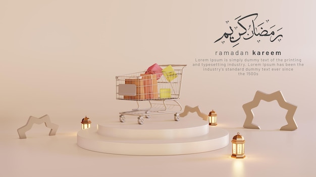 Konzept des islamischen ramadan kareem und eid al fitr adha mit 3d-einkaufswagen und laterne