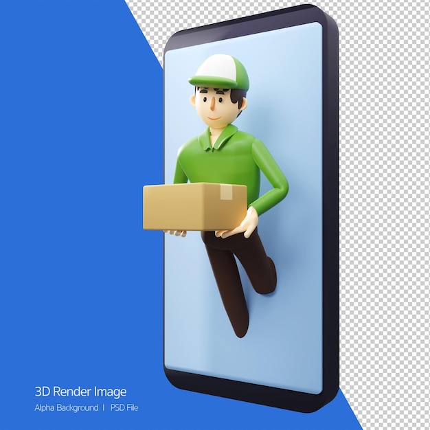 PSD konzept des schnellen lieferservicelieferbote springt vom smartphone zu versendeten waren in einer box 3d-rendering-cartoon-illustration heraus