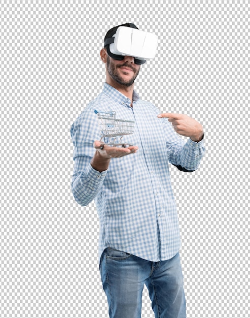 Konzept eines jungen Mannes, der den Kauf mit Gläsern der virtuellen Realität machen kann