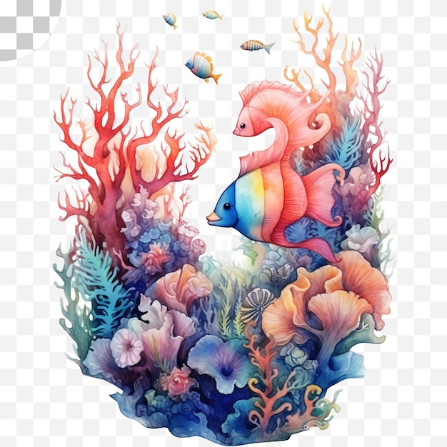 PSD korallenriff- und fisch-aquarell-stil