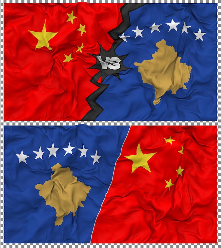 PSD kosovo contra china media bandera combinada con textura 3d de la tela de la bandera