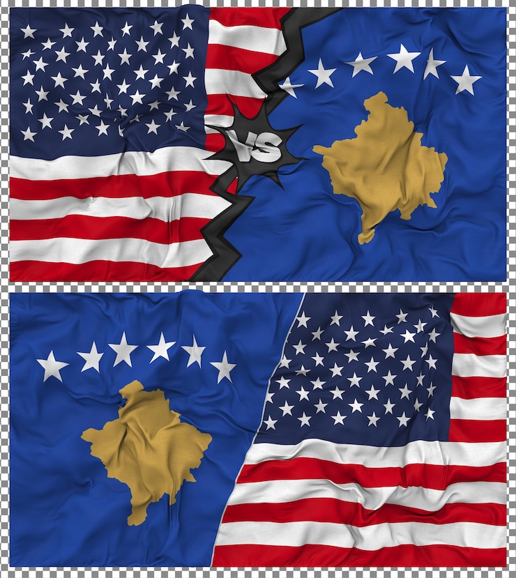 PSD kosovo contra los estados unidos media bandera combinada tela textura de golpe relación bilateral renderizado en 3d
