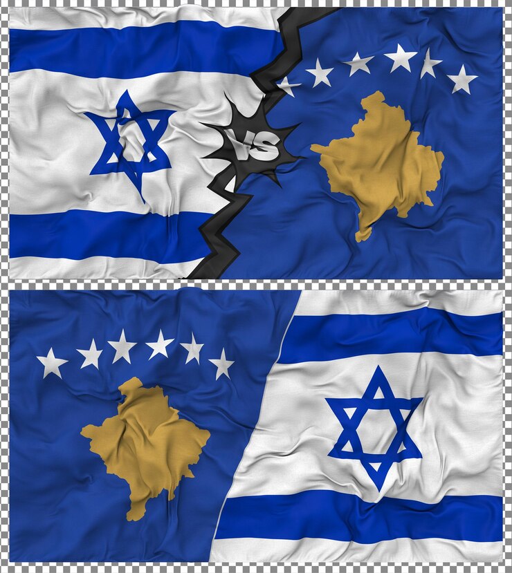 PSD kosovo contra israel media bandera combinada con textura 3d de la tela de la bandera
