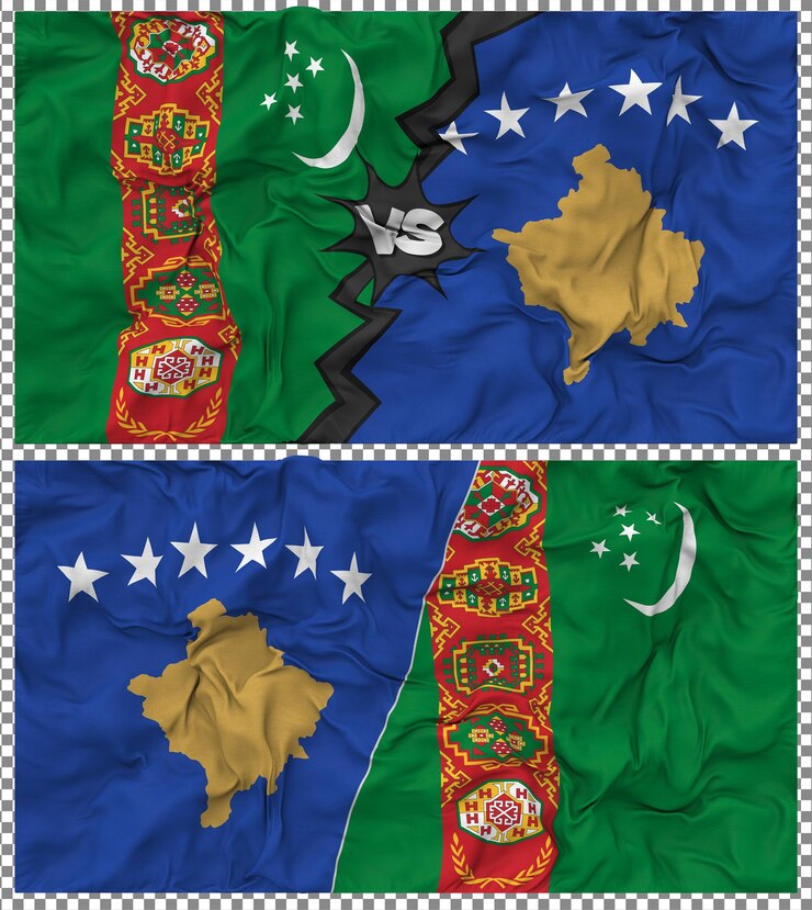 PSD kosovo contra turkmenistán media bandera combinada con textura de baches de tela y renderizado en 3d