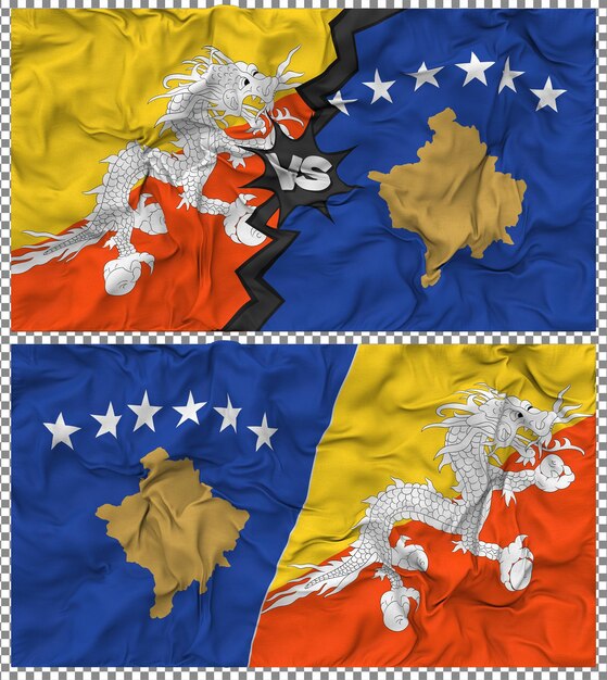 Kosovo gegen Bhutan Halbkombinierte Flagge Stoff-Bump-Textur 3D-Rendering