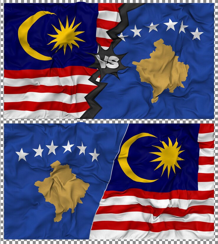 PSD kosovo vs malaysia half combined flag cloth bump texture 3d rendering