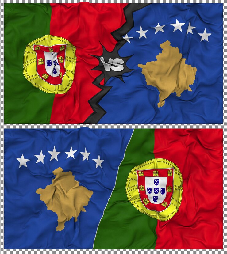 PSD kosovo vs portugal meia bandeira combinada textura de tecido de bump renderização 3d