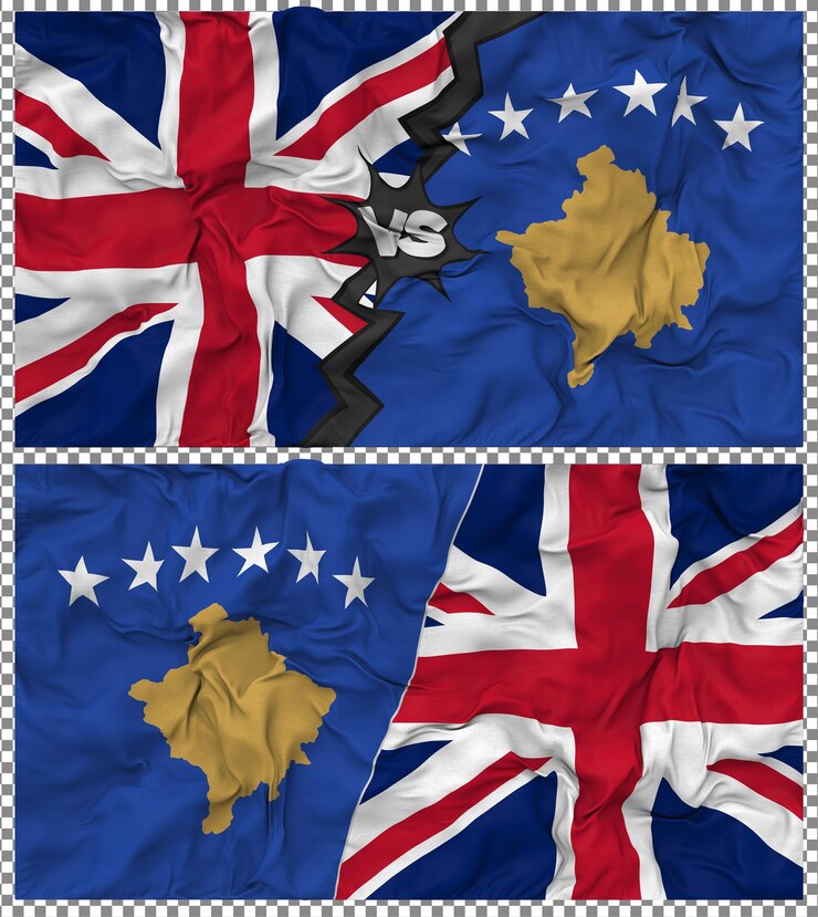 PSD kosovo vs reino unido meia bandeira combinada textura de tecido de bump renderização 3d