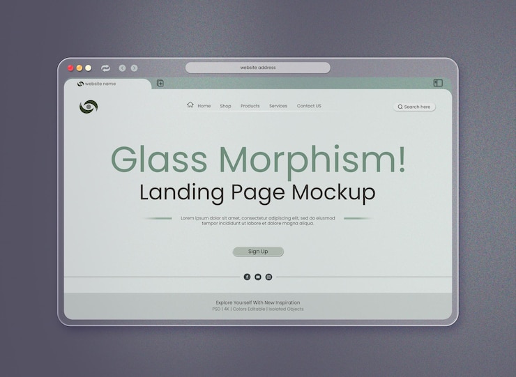 PSD kostenlose psd-landingpage-mockup-schnittstellenpräsentation mit glasbrowser auf grauem hintergrund
