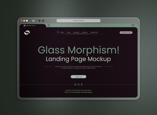 PSD kostenlose psd-landingpage-mockup-schnittstellenpräsentation mit modernem glasmorphismus-browserfenster der benutzeroberfläche