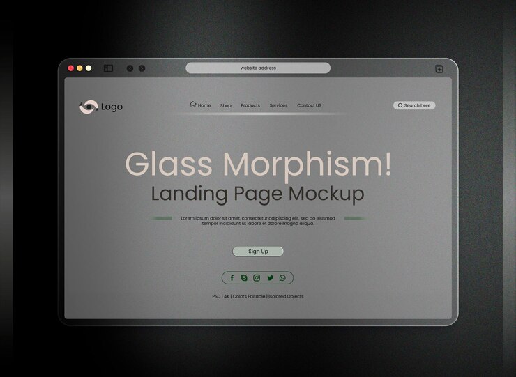 PSD kostenlose psd-landingpage-vorlage mit präsentation der glass-morphismus-schnittstelle