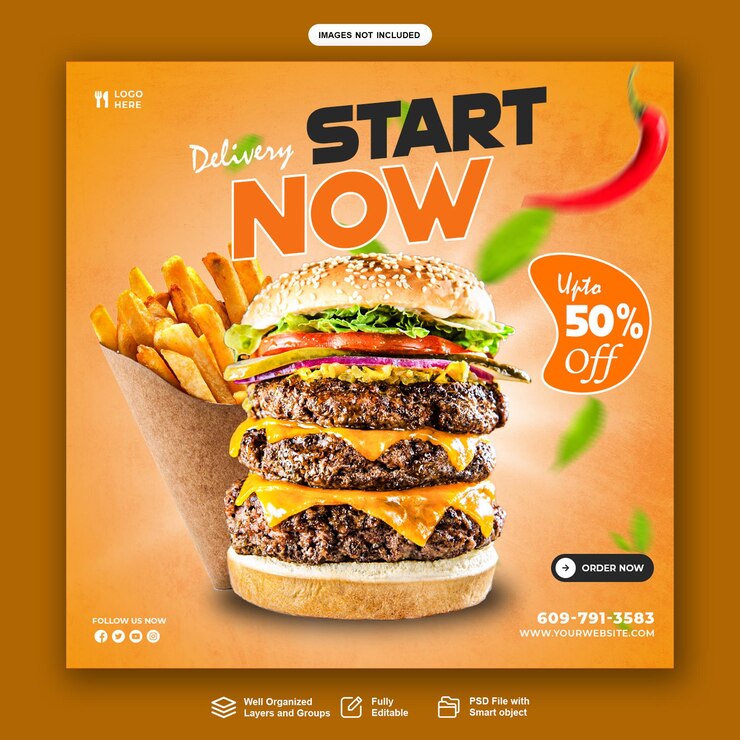 Kostenlose PSD-Vorlage für Lebensmittel-Social-Media-Banner-Beiträge, Hamburger-Fast-Food-Social-Media-Banner-Design