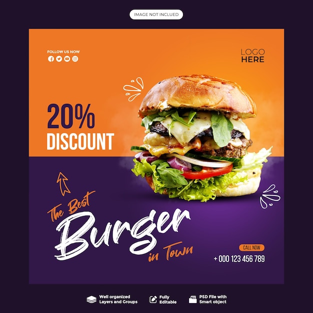 Kostenlose PSD-Vorlage für Social-Media-Banner-Posts mit Burger-Essen