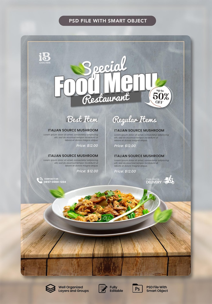 PSD kostenlose vorlage für ein restaurant-flyer mit foto