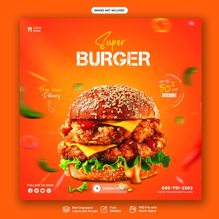 Kostenlose Web-Banner-Vorlage für köstliche Burger und Speisen im PSD-Format