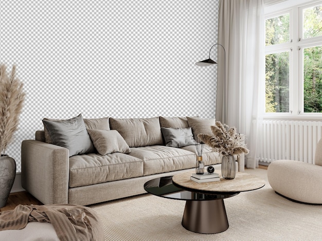 PSD kostenloses png-wandpapier-mockup im wohnzimmerinterieur mit isoliersofa auf durchsichtigem hintergrund