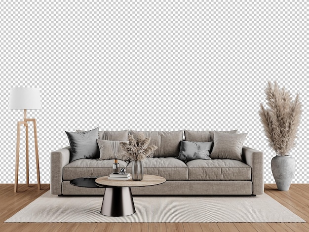 Kostenloses PNG-Wandpapier-Mockup im Wohnzimmerinterieur mit Isoliersofa auf durchsichtigem Hintergrund