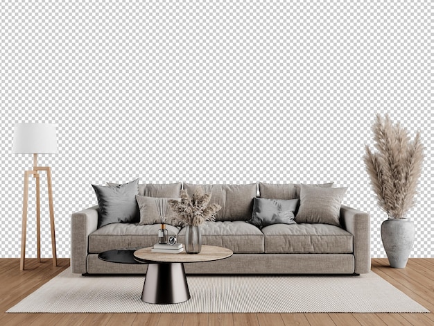 PSD kostenloses png-wandpapier-mockup im wohnzimmerinterieur mit isoliersofa auf durchsichtigem hintergrund