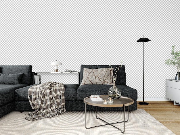 PSD kostenloses png-wandpapier-mockup im wohnzimmerinterieur mit isoliersofa auf durchsichtigem hintergrund