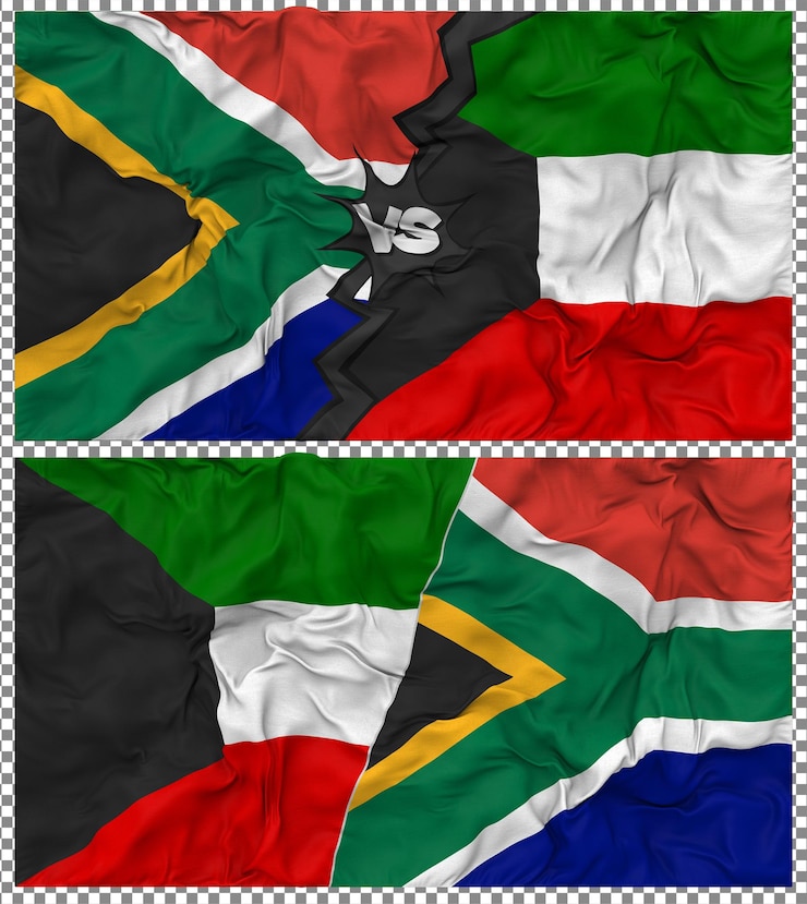 PSD le koweït contre l'afrique du sud half combined flag cloth bump texture rendering 3d