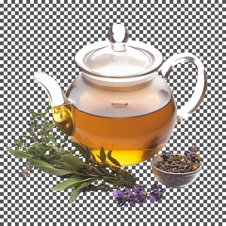 PSD kräutertee in glas teekanne, isoliert auf durchsichtigem hintergrund