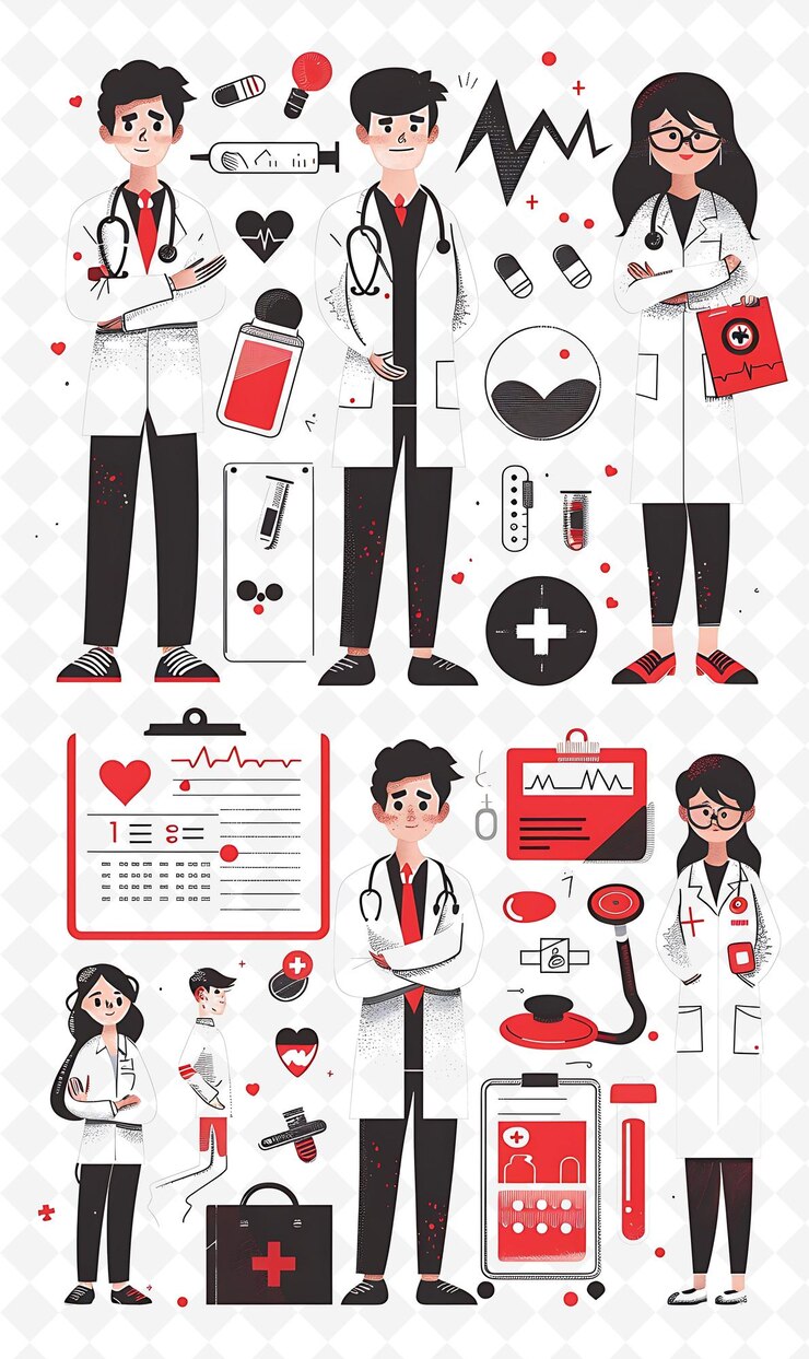 PSD krankenhaus-aufstellung mit ärzten und krankenschwestern für die wahl stetho flat illustration poster design
