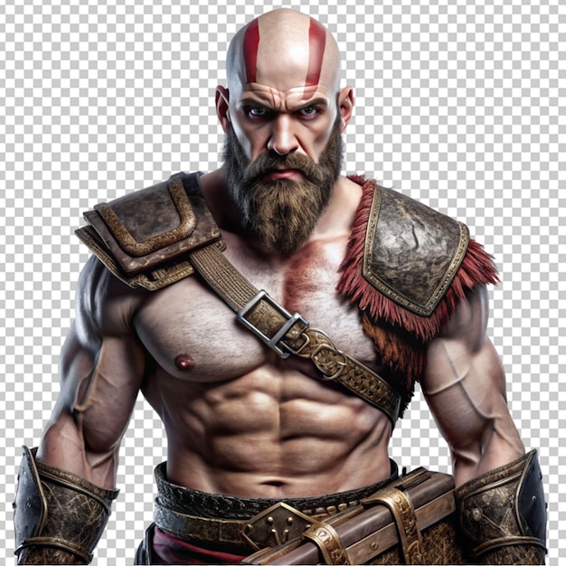 PSD kratos sérieux avec poitrine sauvage sur fond transparent