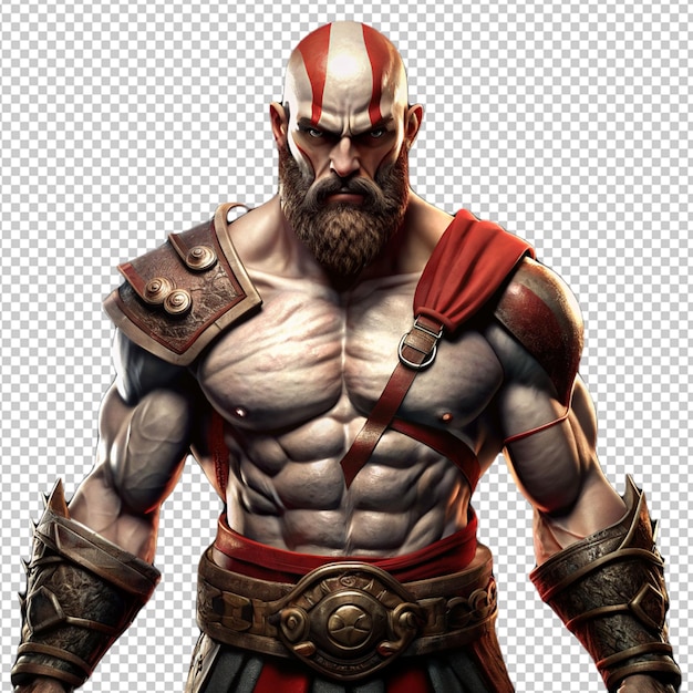 Kratos serios con pecho salvaje sobre un fondo transparente