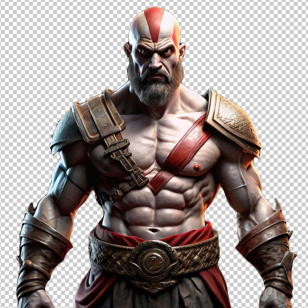 Kratos serios con pecho salvaje sobre un fondo transparente
