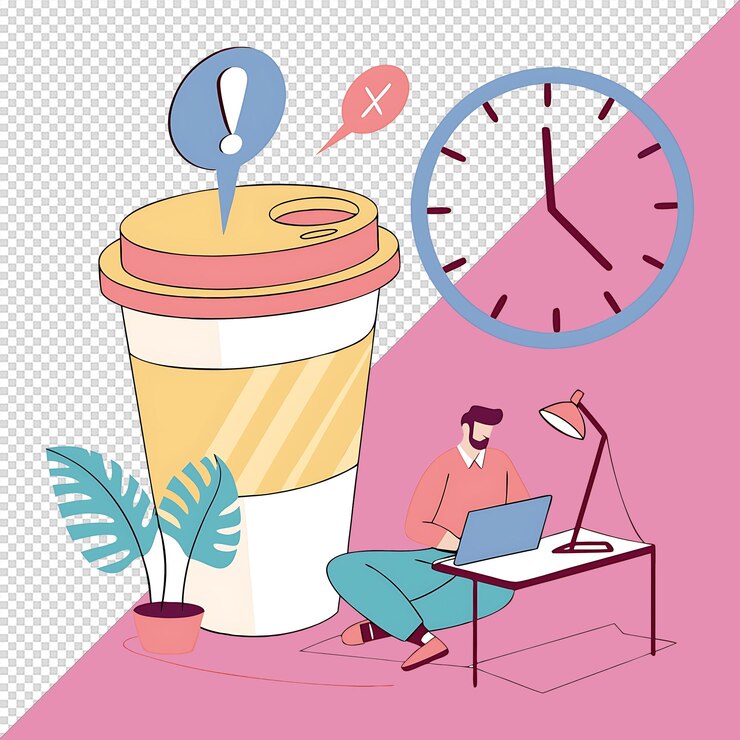 PSD kreativer arbeitsbereich riesiger kaffeetasse schreibtisch mann sitzt mit gekreuzten beinen laptop große uhr hintergrund monstera pflanzenschreibtischlampe