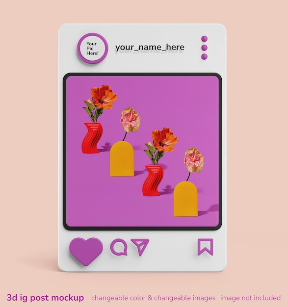 PSD kreatives 3d-modell eines frame-post-interface-modells für einzelne instagram-apps