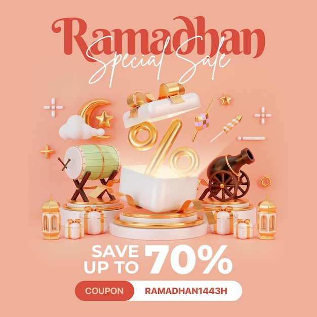 Kreatives konzept instagram post islamischer ramadan mit 3d-renderillustration digitales marketing