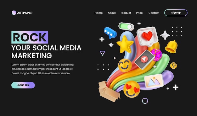 PSD kreatives konzept social media marketing landing page mit farbenfroher 3d-konzeptillustration