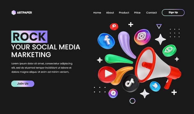 PSD kreatives konzept social-media-marketing-landing-page mit farbenfroher 3d-megaphon-konzeptillustration