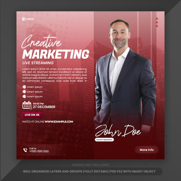PSD kreatives marketing live-webinar social-media-post mit rotem, weichem farbverlaufsbanner