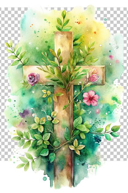 PSD kreuz mit grün und blumen aquarell auf weißem hintergrund