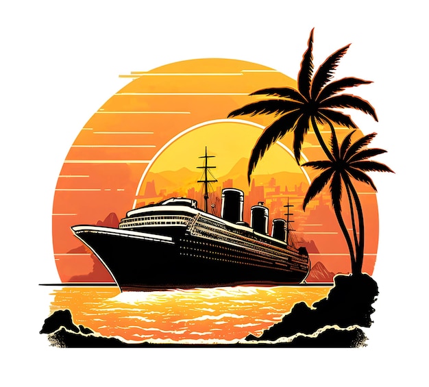 Kreuzfahrtschiff-Aufkleberdesign mit Blick auf das Meer und den Sonnenuntergang