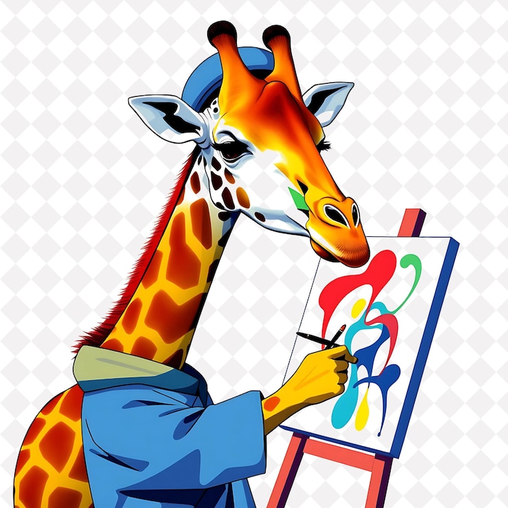 PSD künstlerische giraffenmalerei mit aktionsmalerei pose mit barett und smock 2d lebendiges vielfarbiges des